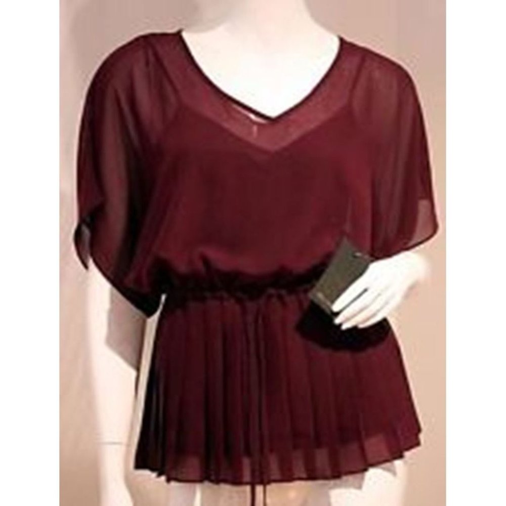 ELLA MOSS Pleated BLOUSE Drawcord UPPER Waist TOP Shirt DARK BURGUNDY XS